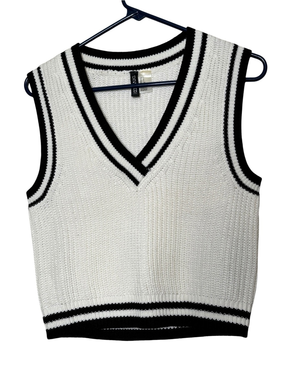 H&M White V-Neck Knit Sweater Vest with Black Trim Size S
